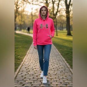 W Medium, Under Armour Breast Cancer Storm Pink Camo Hoodie Pullover Sweatshirt